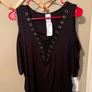 Back open shoulder top with criss cross tie detail